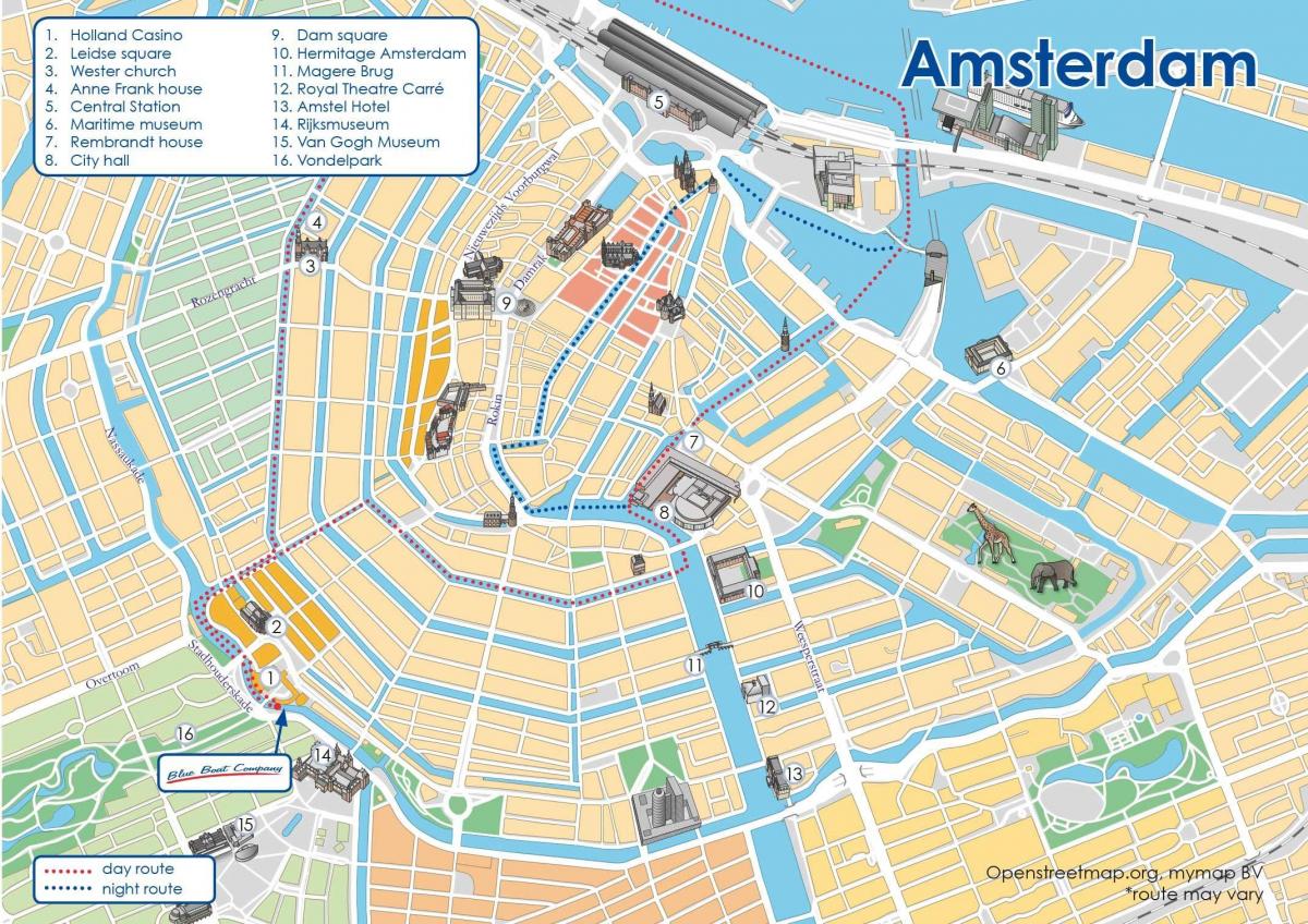 mapa do canal de Amesterdão percurso de barco