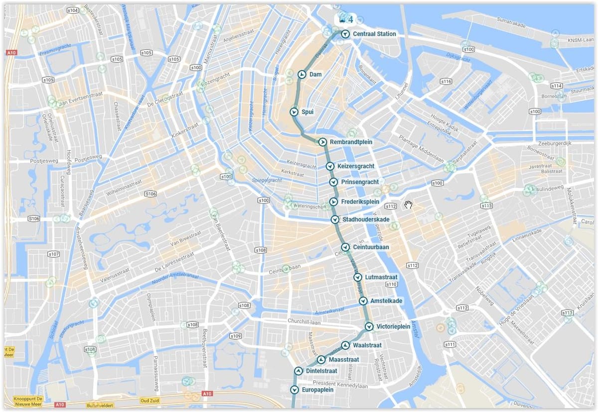 Amesterdão de eléctrico de 4 mapa de rotas