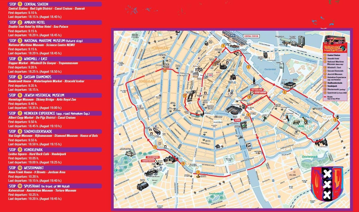Amesterdão hop on hop off tour de ônibus mapa