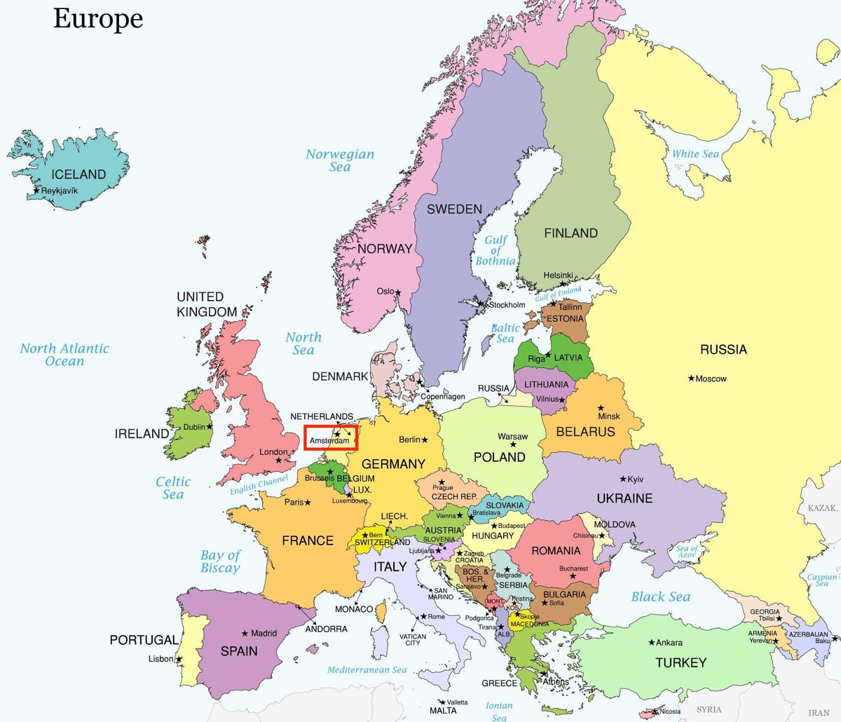 Amsterdã no mapa da europa