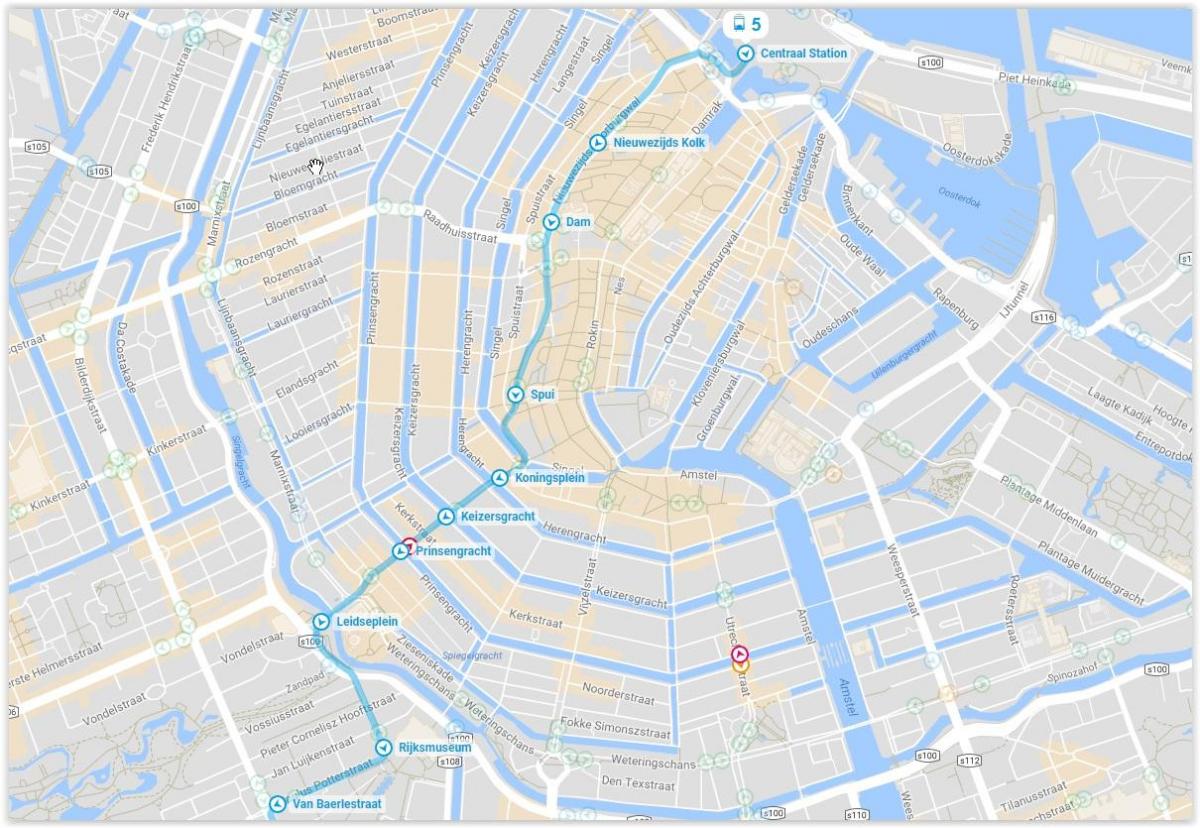 de eléctrico de 5 de Amesterdão mapa de rotas