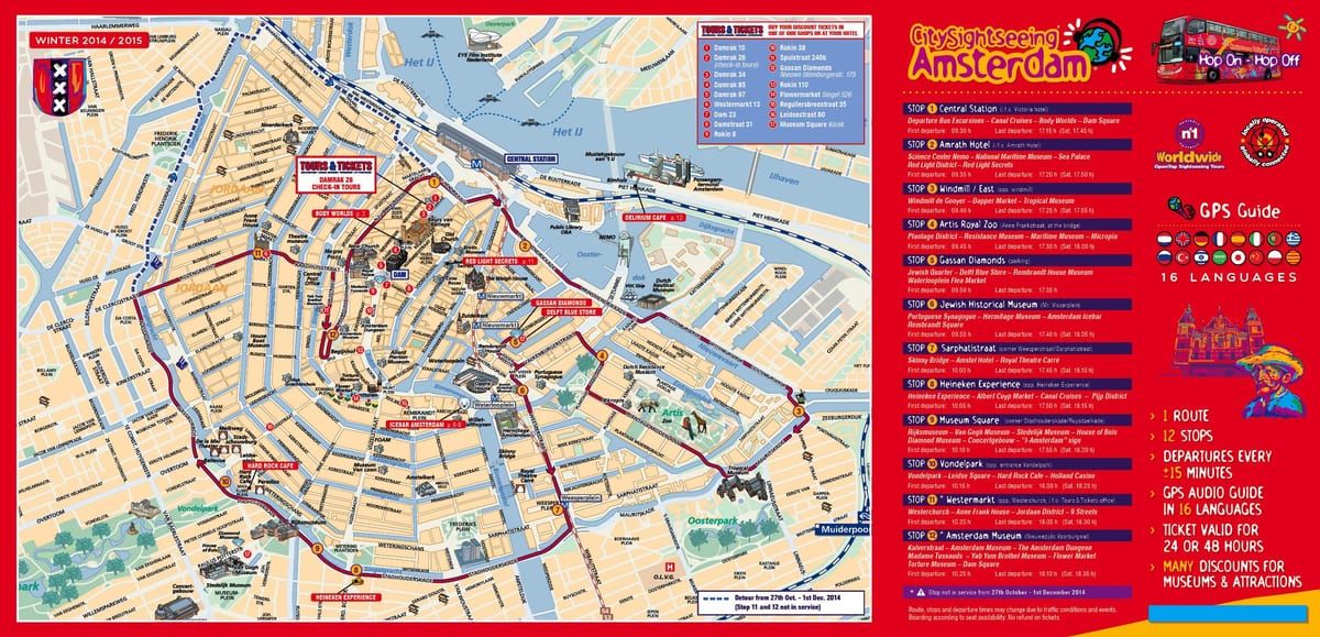 Amesterdão hop on hop off mapa de ônibus