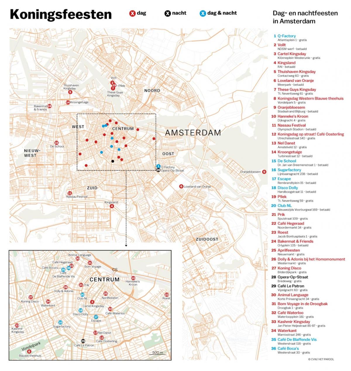 mapa da vida nocturna de Amesterdão